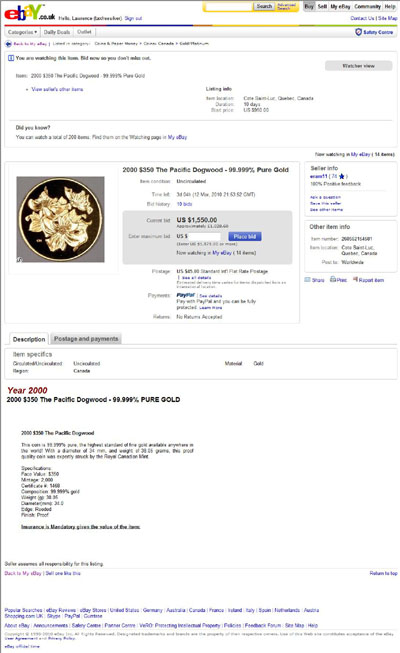 eram11 eBay Listing Using our 2000 Gold Proof Canadian $350 Photographs